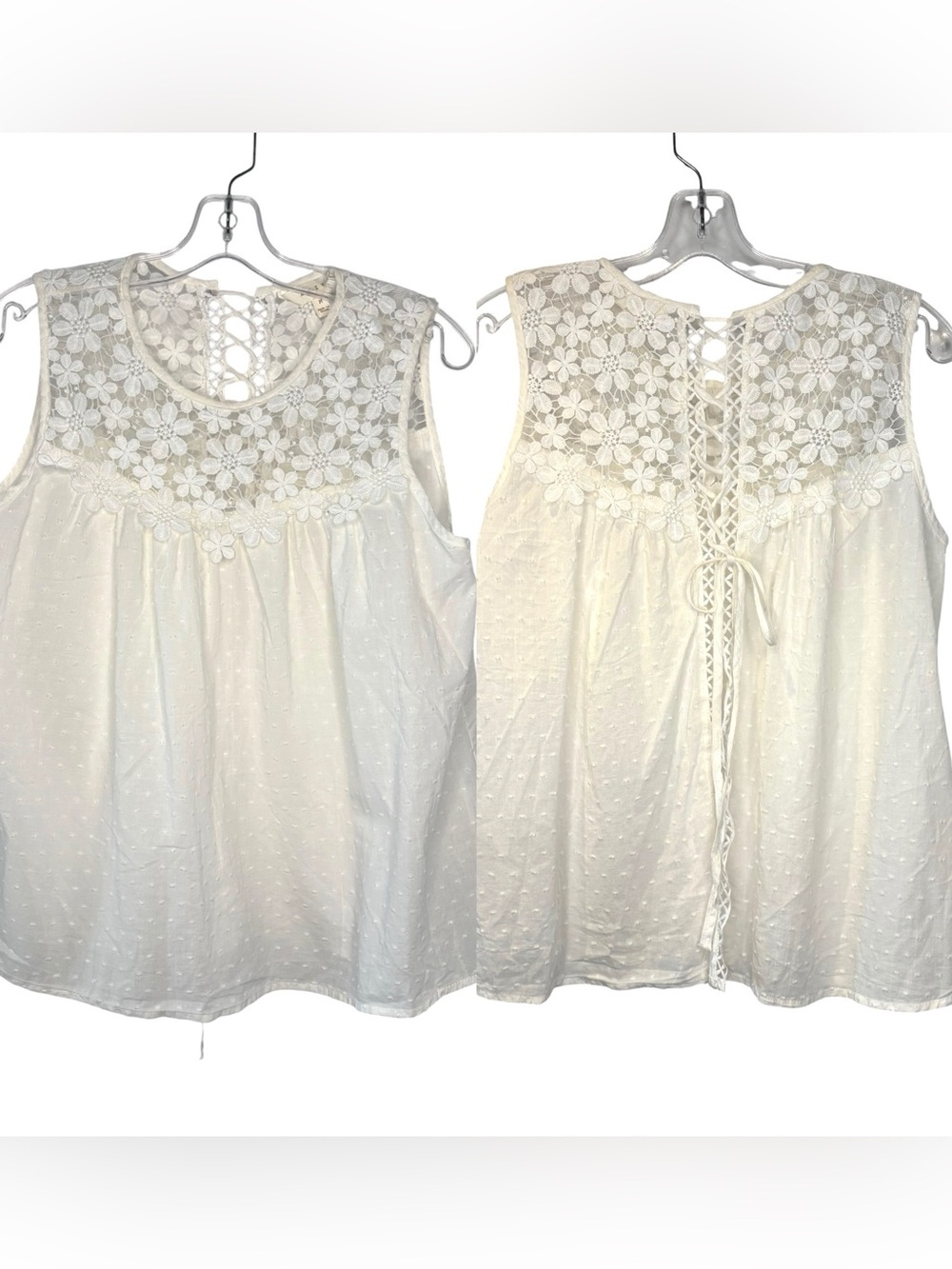 ADIVA Cotton Sleeveless cotton top with floral Lace Yoke and laced front Med